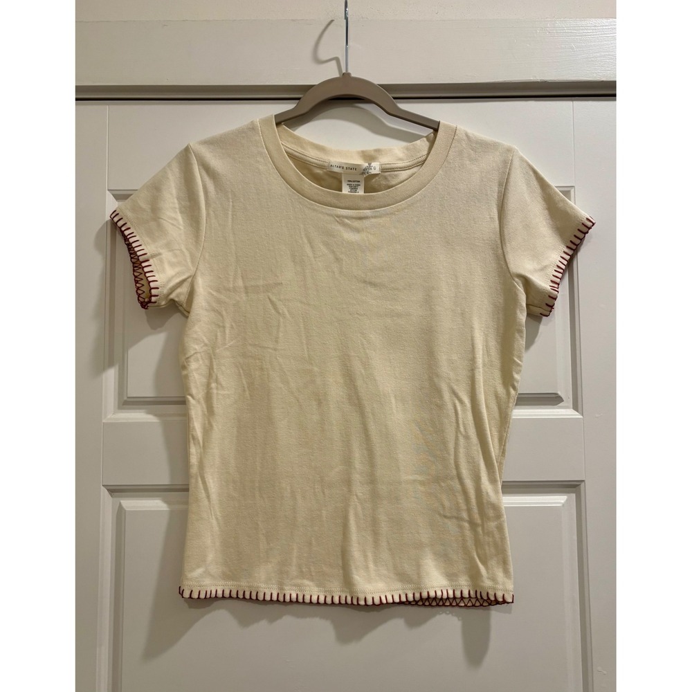 Altar'd State Cream Cotton Whipstitch Trim Short Sleeve Tee Shirt Large